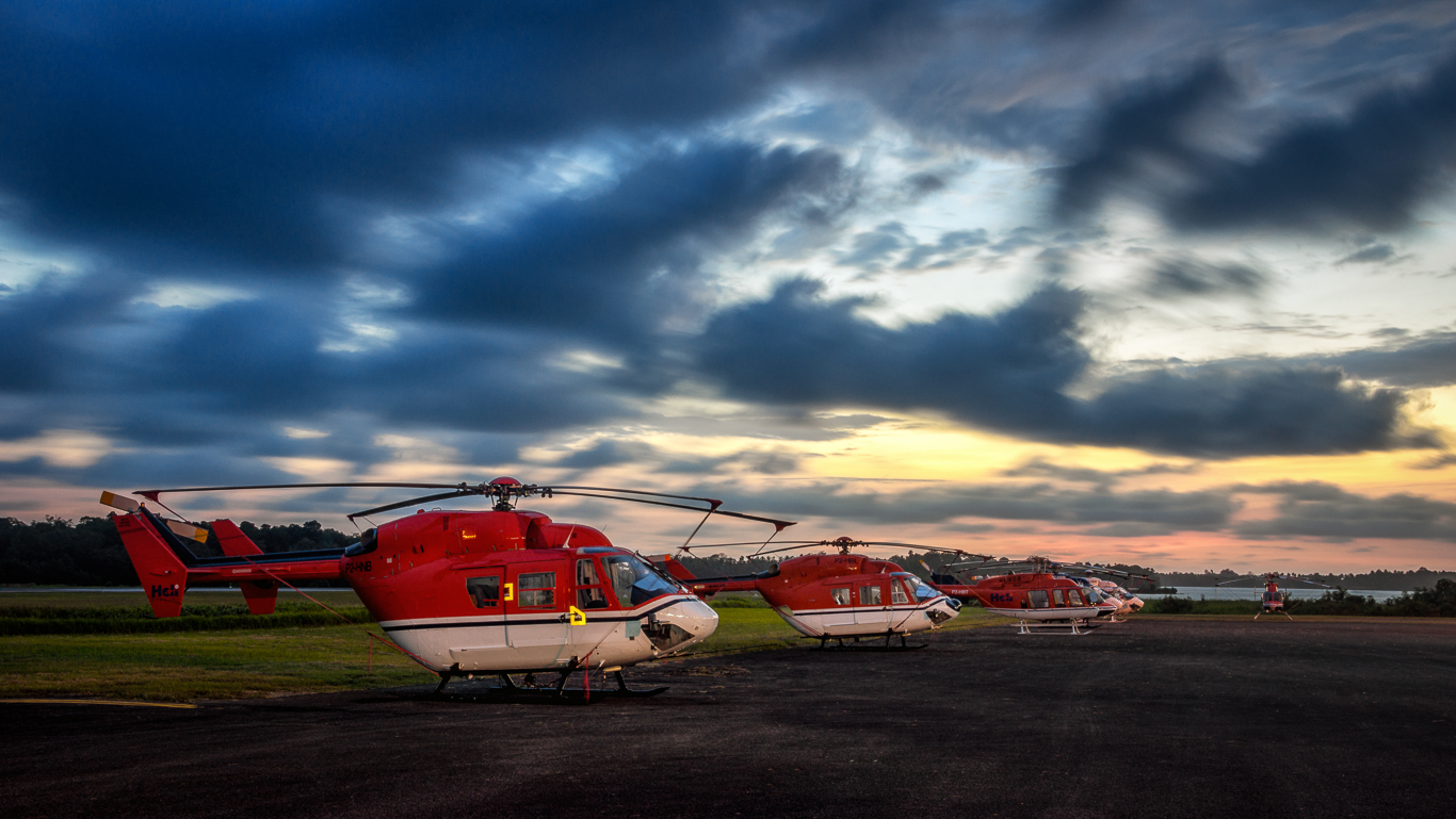 Heli Niugini fleet at sunset